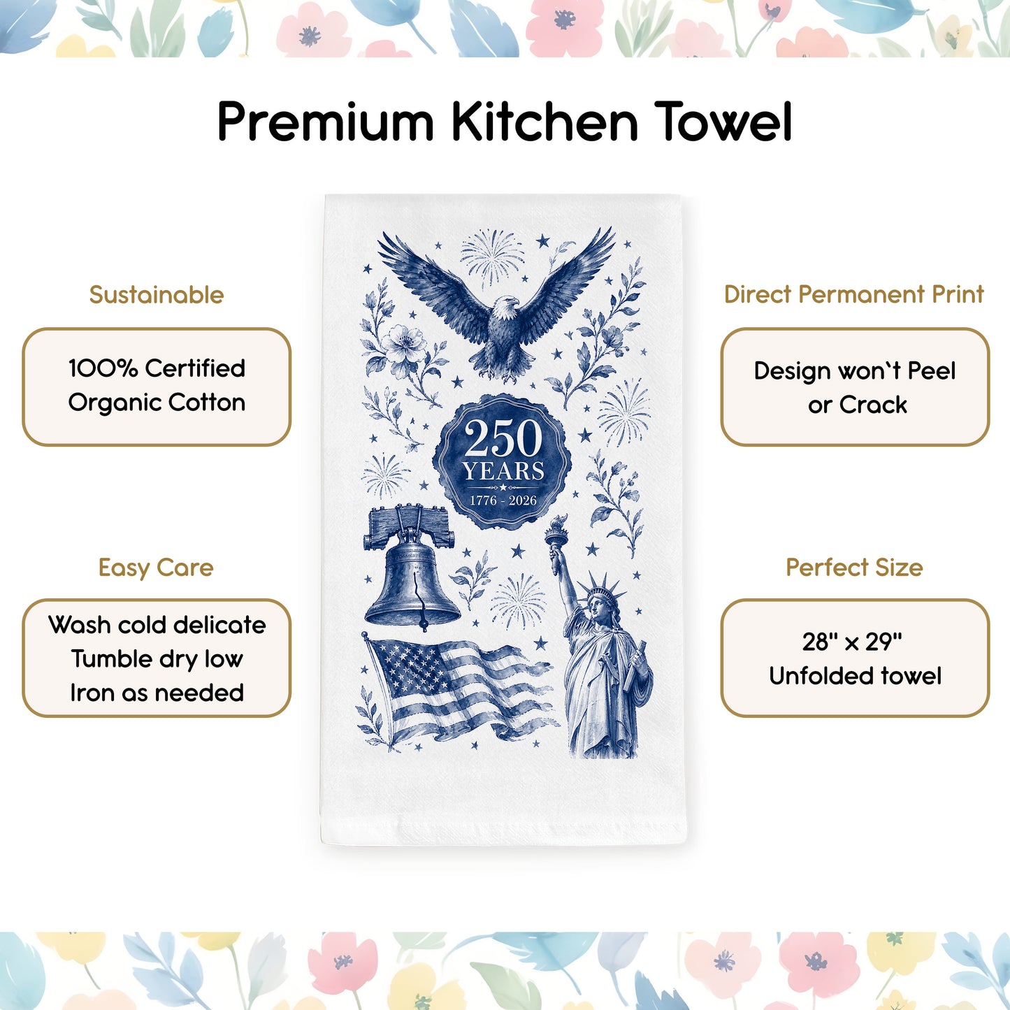 Feature graphic for a premium white flour sack organic cotton kitchen towel with permanent direct print, easy care, and 28 by 29 inch size details