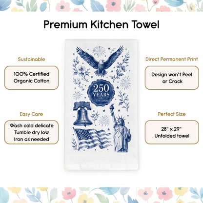 Feature graphic for a premium white flour sack organic cotton kitchen towel with permanent direct print, easy care, and 28 by 29 inch size details