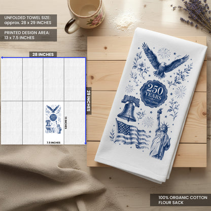 Size guide for the white flour sack organic cotton tea towel, showing 28 by 29 inch unfolded size and 13 by 7.5 inch printed design area