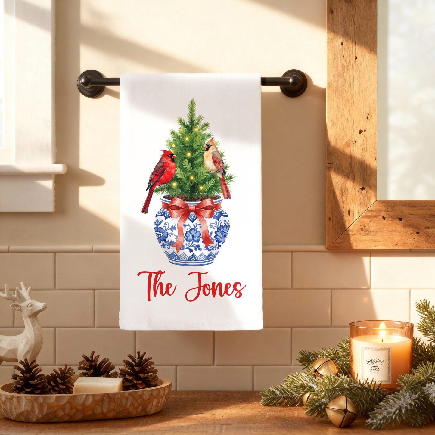 Chinoiserie Christmas Tree with Cardinals in Blue and White Vase Tea Towel
