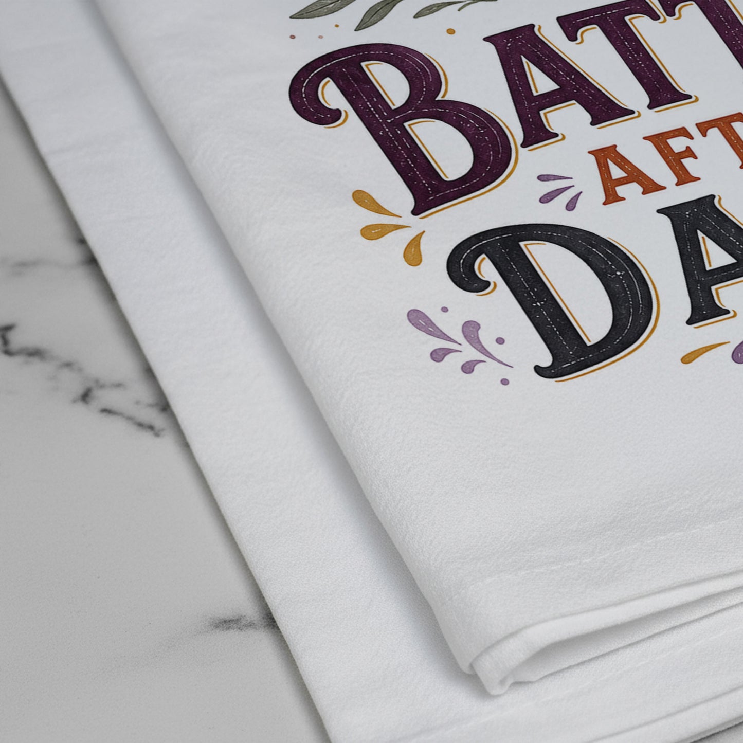 Close-up of the Batter After Dark Halloween Kitchen Towel print showing whisk, mixing bowl, curling batter, crescent moon, stars, and bats on white flour sack organic cotton.