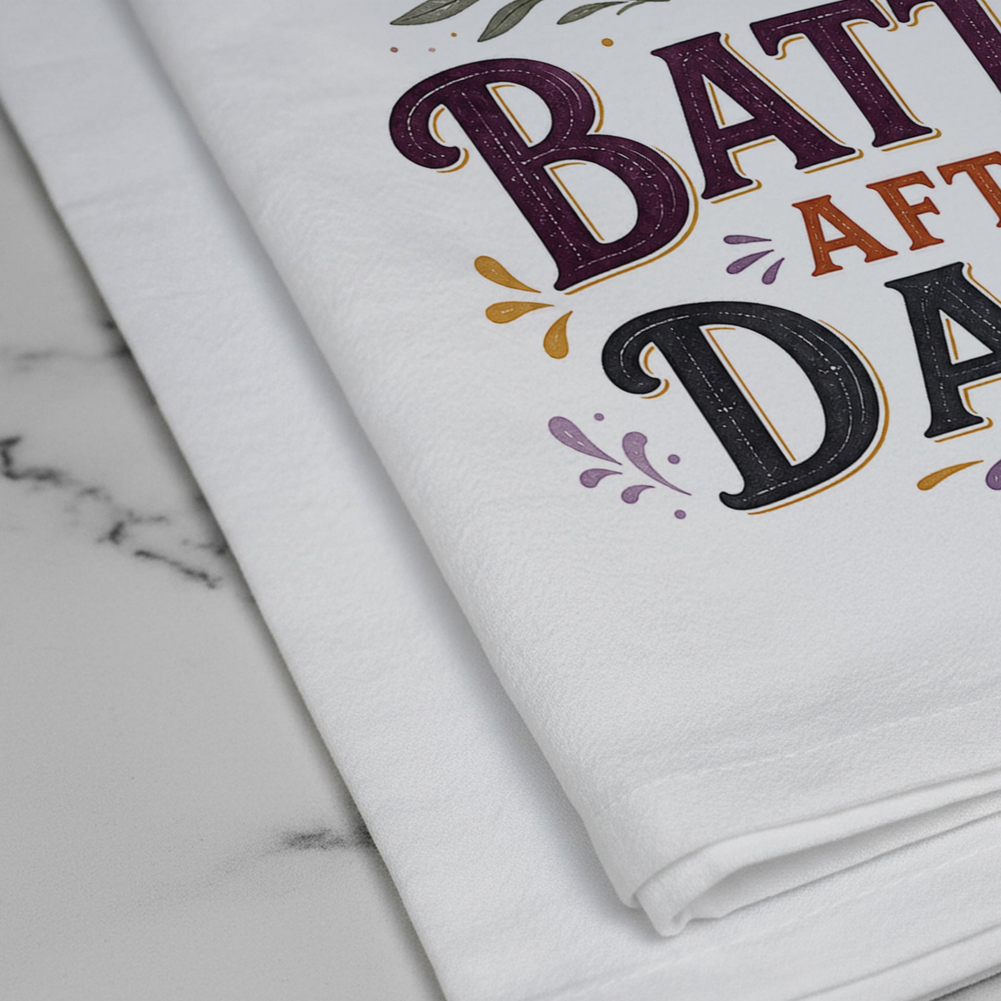 Close-up of the Batter After Dark Halloween Kitchen Towel print showing whisk, mixing bowl, curling batter, crescent moon, stars, and bats on white flour sack organic cotton.