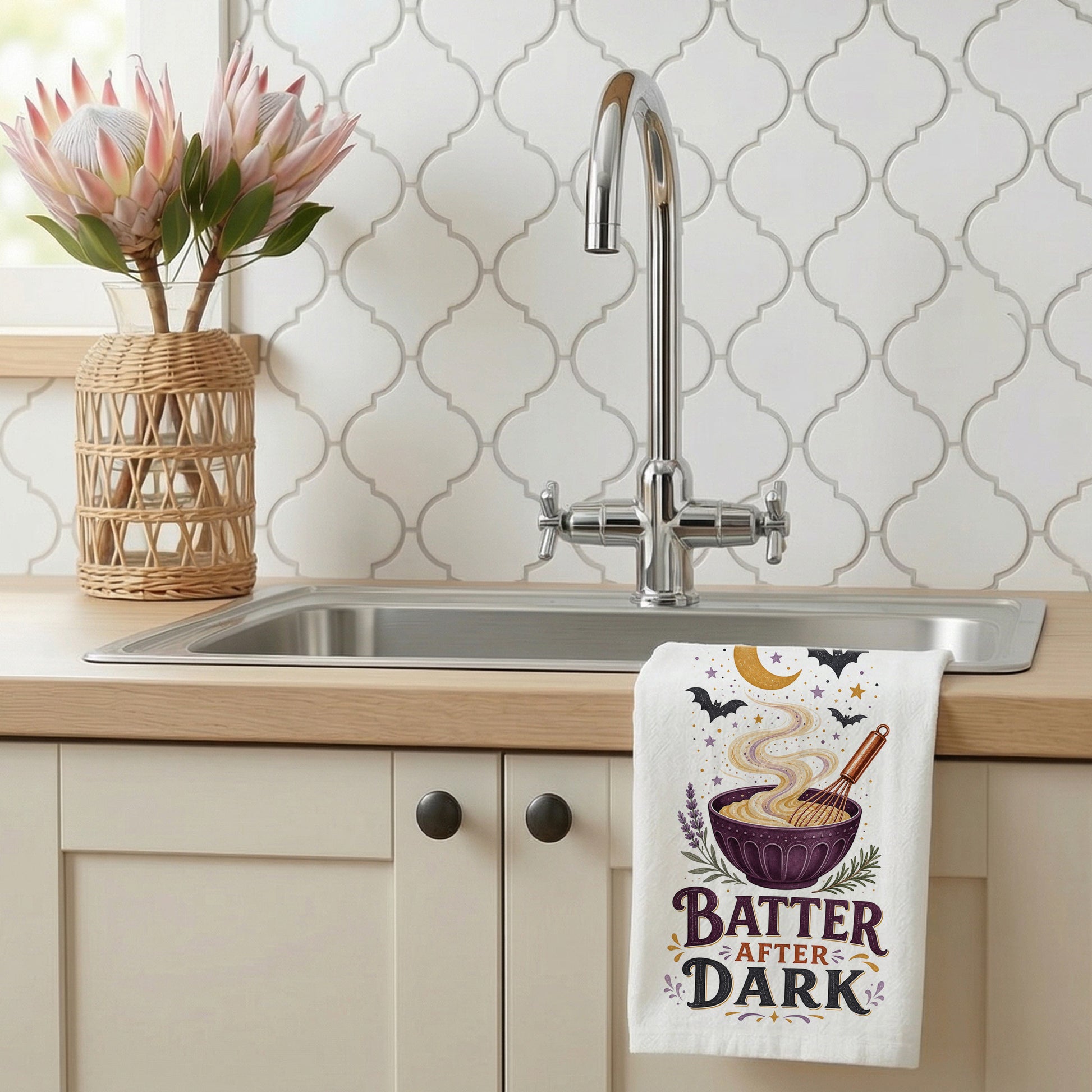 Batter After Dark Halloween Kitchen Towel styled beside a bright kitchen sink, with whisk, mixing bowl, curling batter, crescent moon, stars, and bats shown.