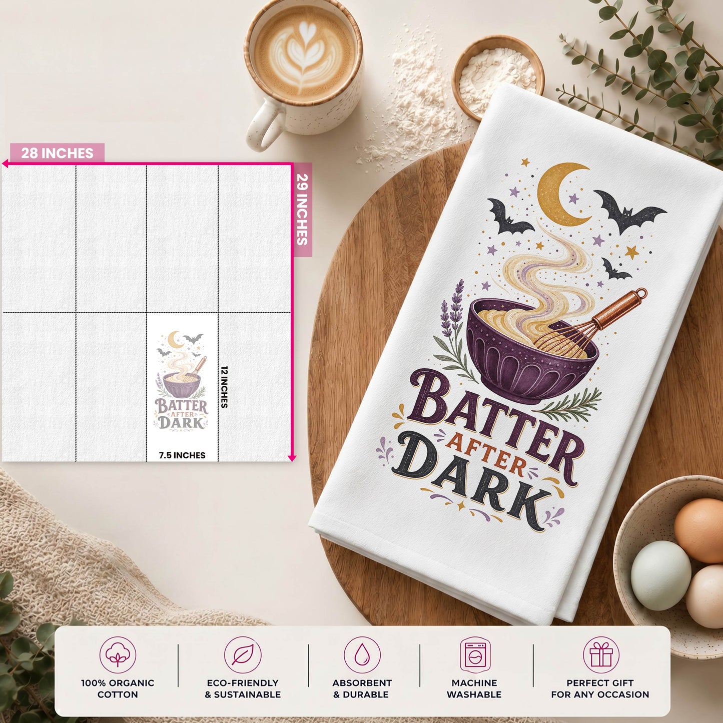Batter After Dark Halloween Kitchen Towel size guide showing the 28 by 29 inch towel and 12 by 7.5 inch printed display area.