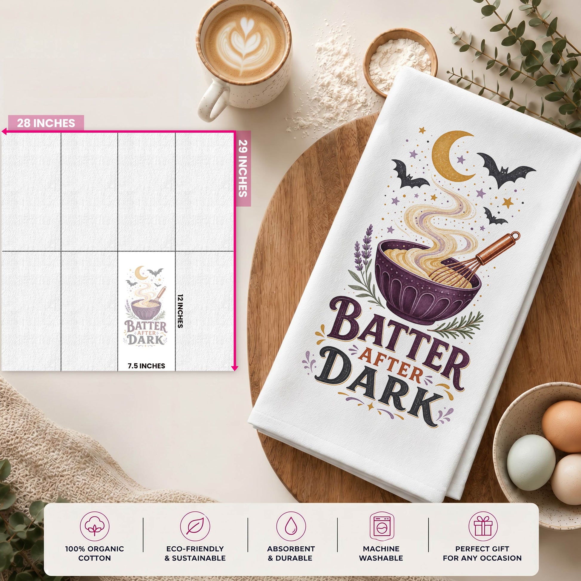 Batter After Dark Halloween Kitchen Towel size guide showing the 28 by 29 inch towel and 12 by 7.5 inch printed display area.