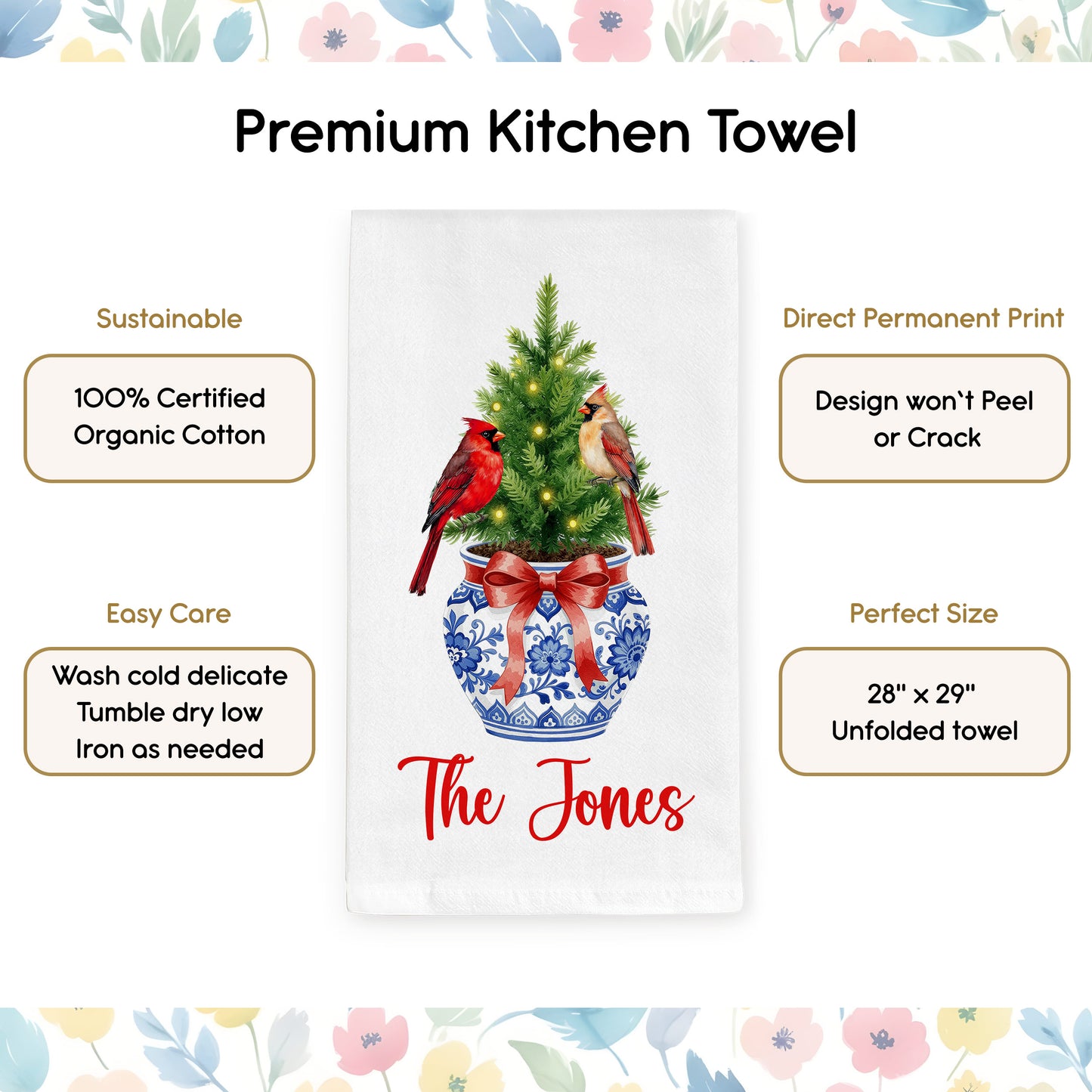 Chinoiserie Christmas Tree with Cardinals in Blue and White Vase Tea Towel