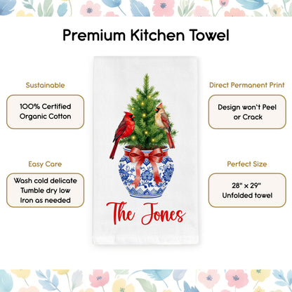 Chinoiserie Christmas Tree with Cardinals in Blue and White Vase Tea Towel