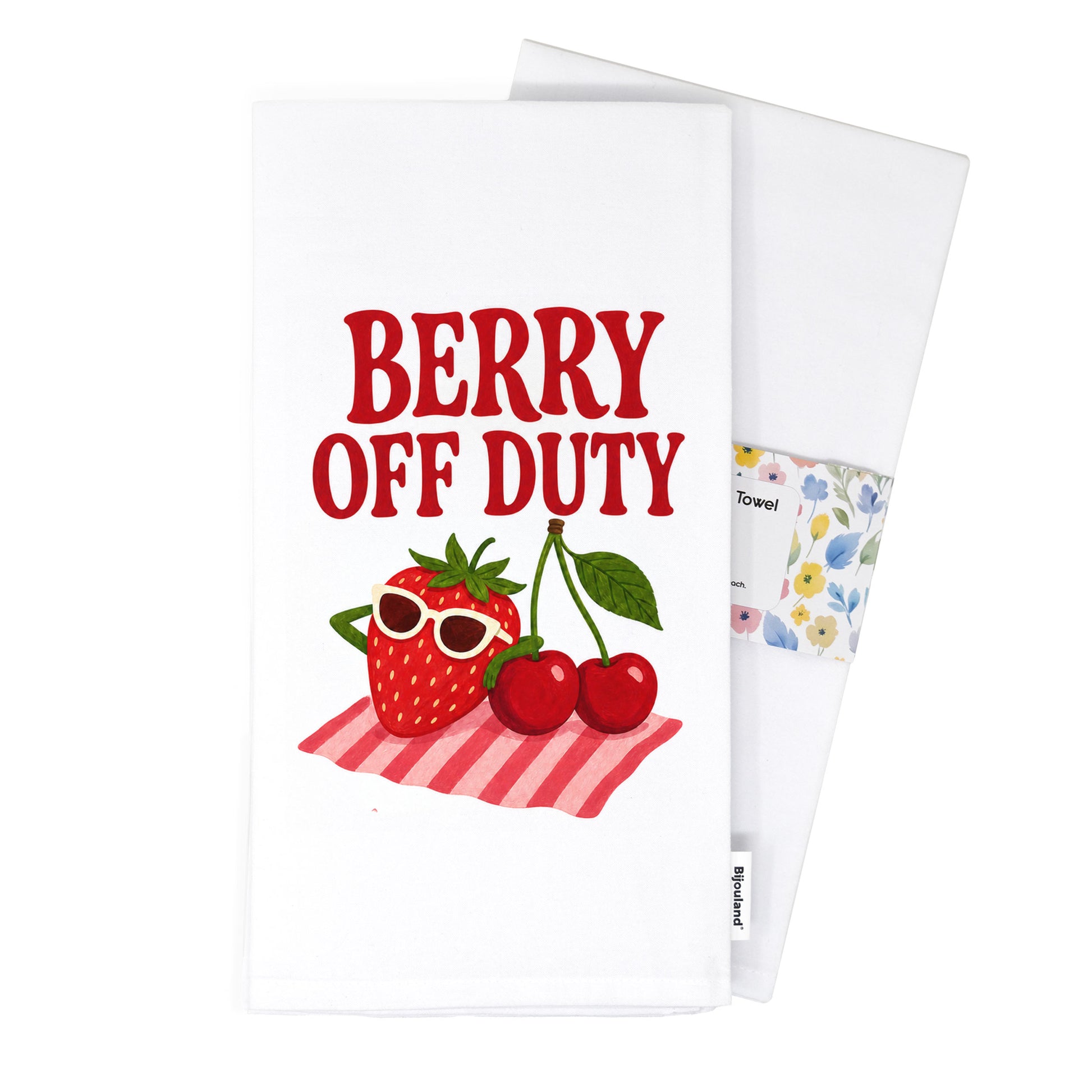 Folded Berry Off Duty tea towel presented with its paper belly band.