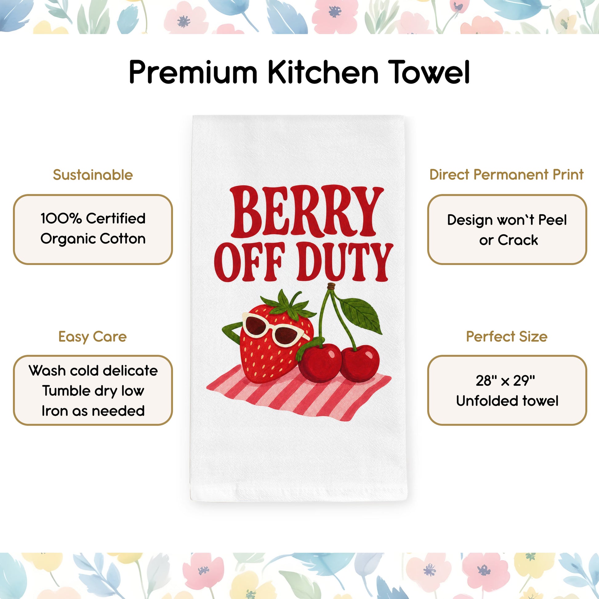 Product benefits graphic for the Berry Off Duty tea towel highlighting organic cotton, hemmed edges, and a hanging loop.