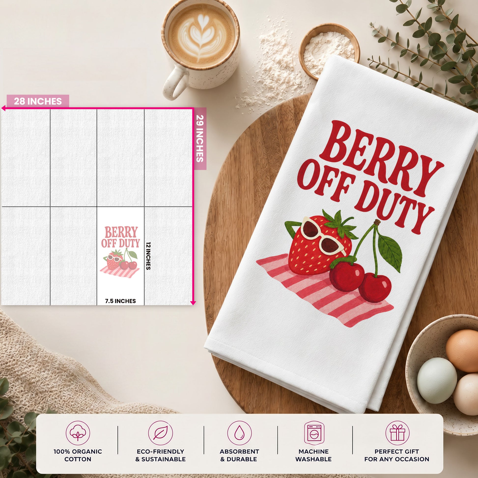 Berry Off Duty tea towel size guide showing the 28 by 29 inch towel and 12 by 7.5 inch printed display area.