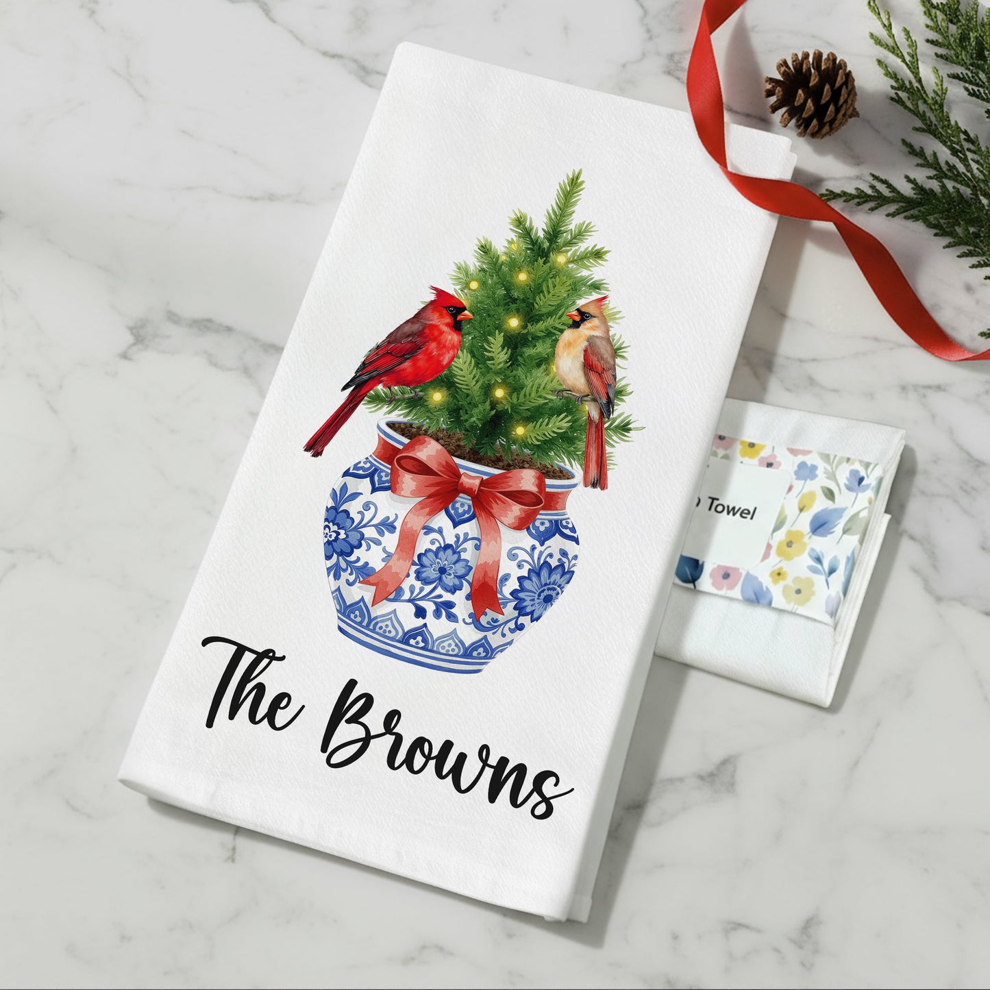 Chinoiserie Christmas Tree with Cardinals in Blue and White Vase Tea Towel