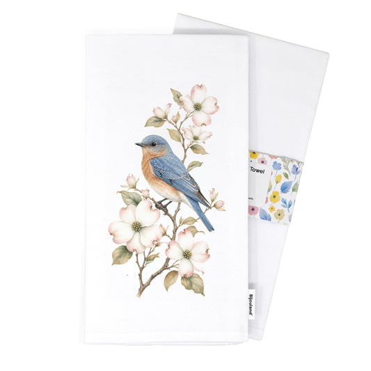 Bluebird and dogwood tea towel with belly band packaging