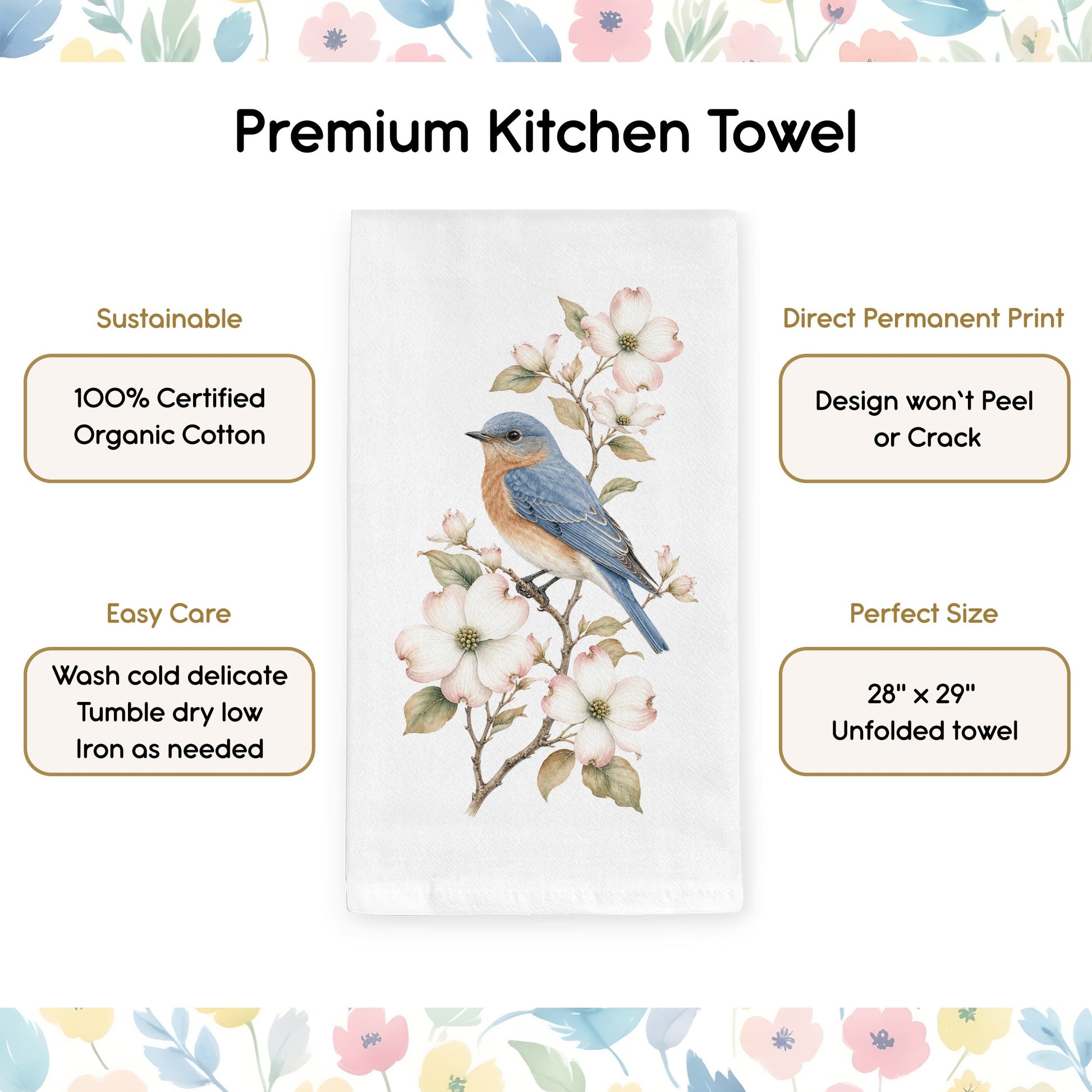 Bluebird and dogwood tea towel product benefits
