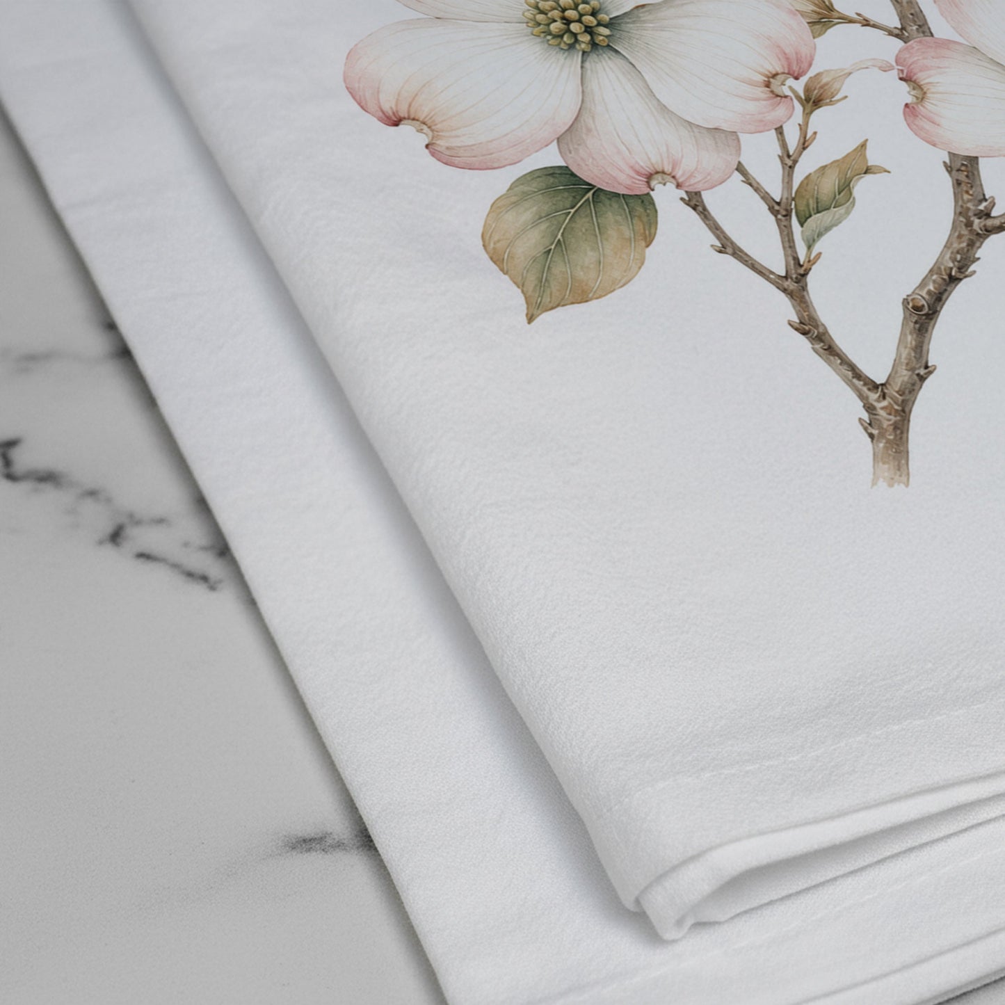 Close-up of the bluebird and dogwood tea towel print