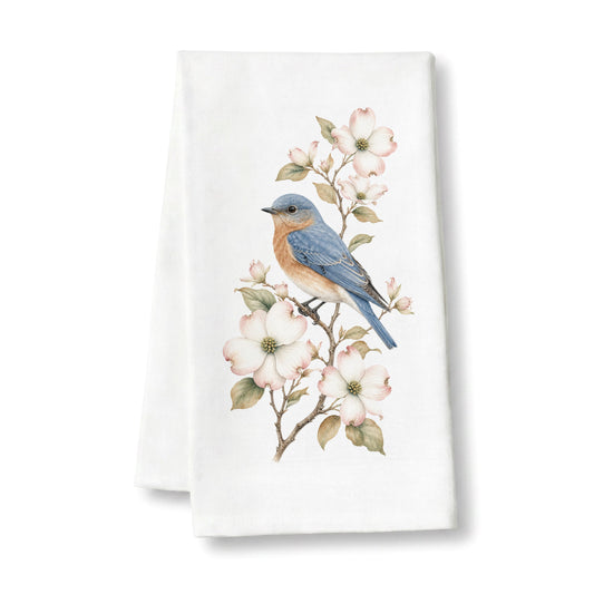Bluebird and dogwood tea towel on a white background