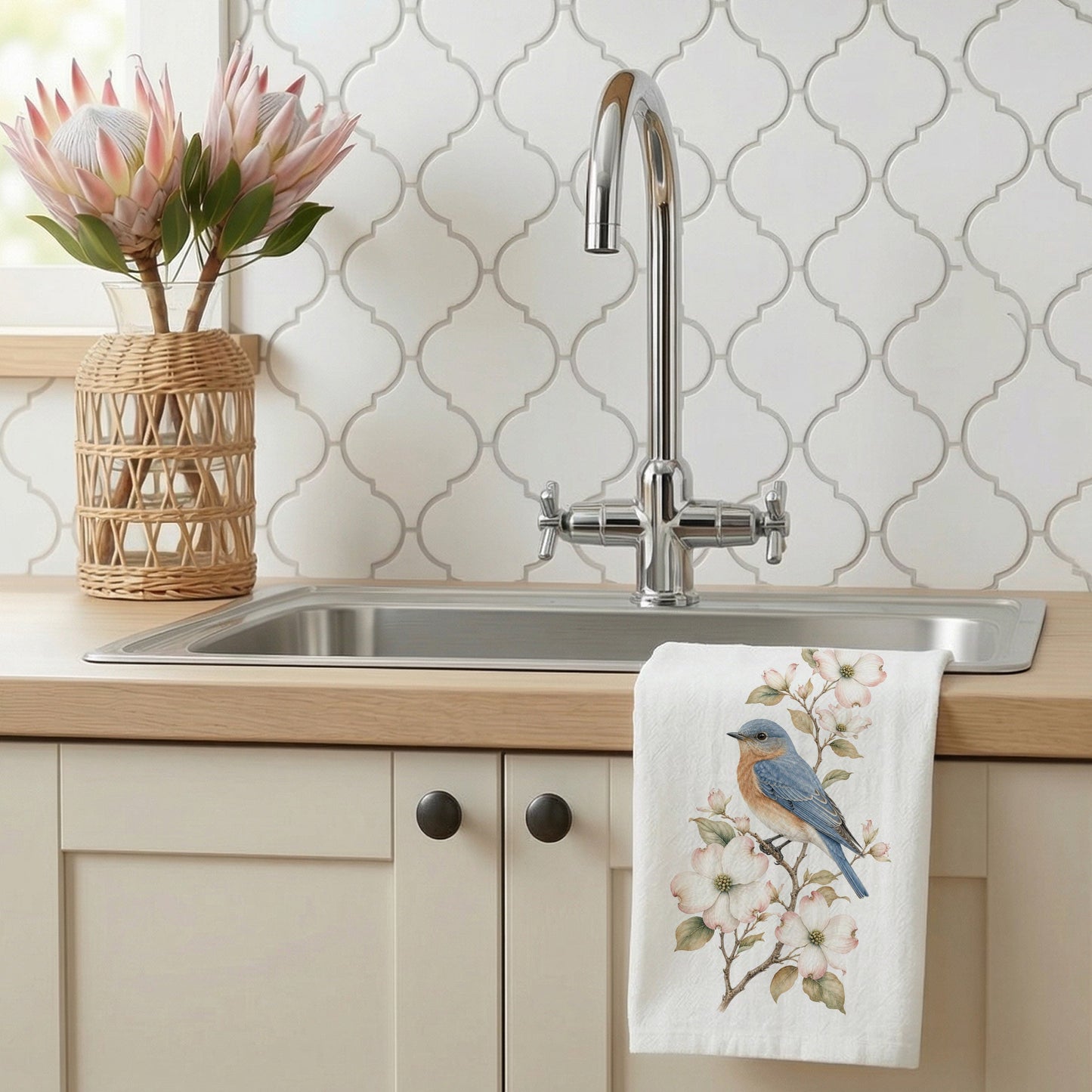 Bluebird and dogwood tea towel styled by a kitchen sink