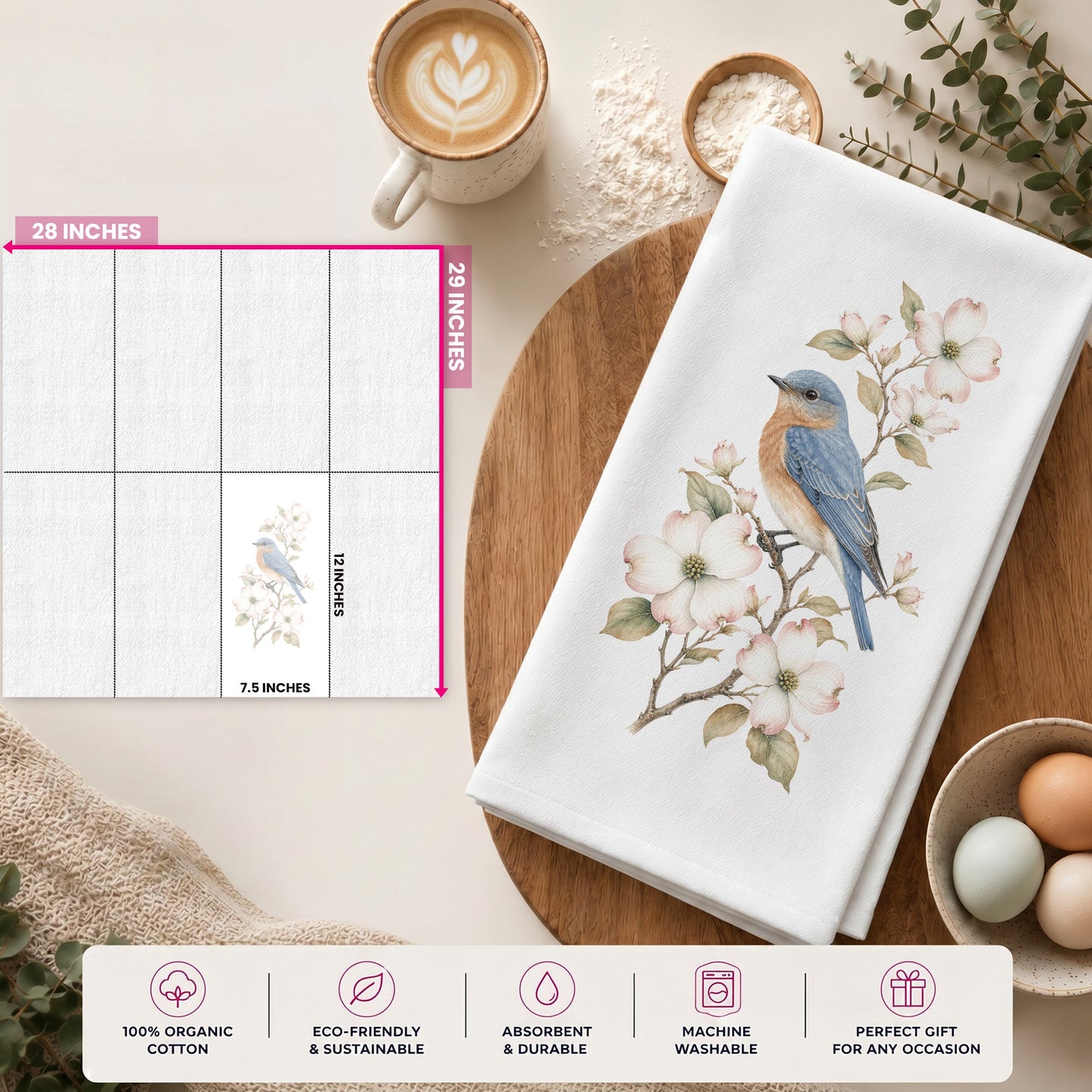Bluebird and dogwood tea towel size guide
