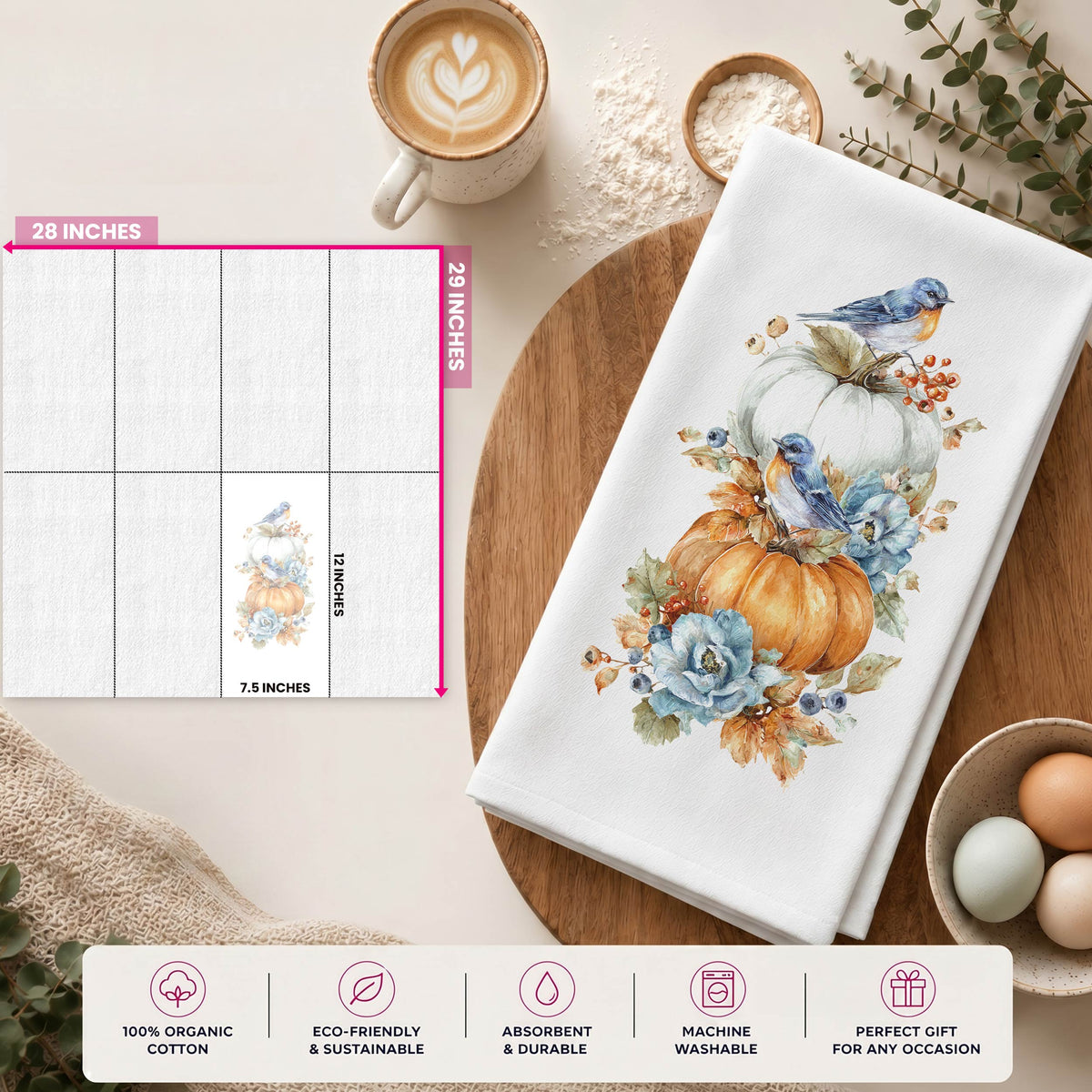 Bluebird Pumpkin tea towel size guide showing a 28 by 29-inch towel and the 12 by 7.5-inch printed display area.