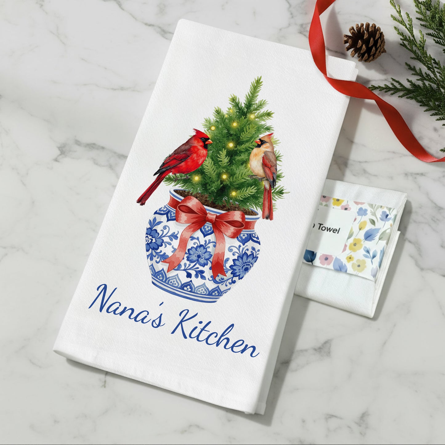 Chinoiserie Christmas Tree with Cardinals in Blue and White Vase Tea Towel