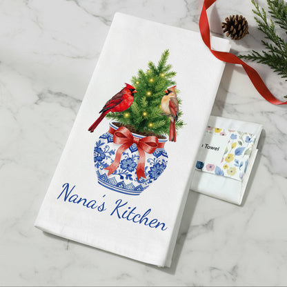 Chinoiserie Christmas Tree with Cardinals in Blue and White Vase Tea Towel