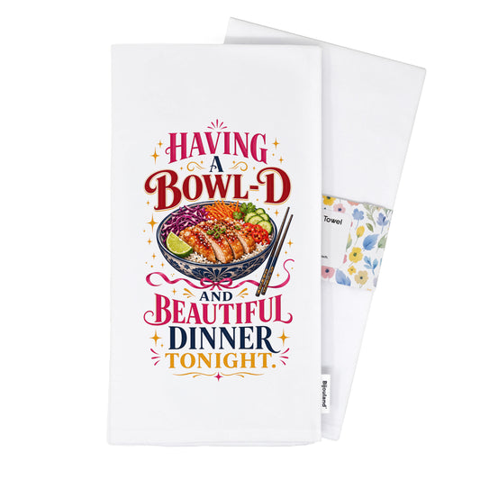 Folded Bowl-d and Beautiful chicken rice dinner pun tea towel presented with its paper belly band.