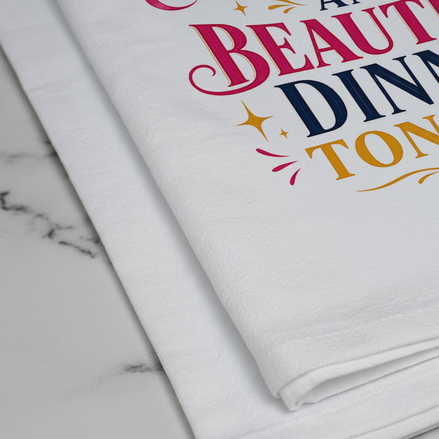 Close-up of the Bowl-d and Beautiful chicken rice dinner pun artwork printed on organic cotton flour sack fabric.