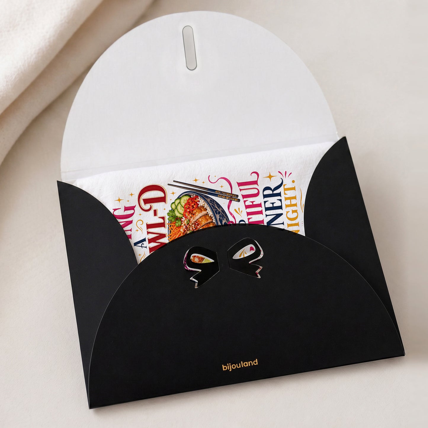 Bowl-d and Beautiful chicken rice dinner pun tea towel shown with the Bijouland gift-envelope packaging option.