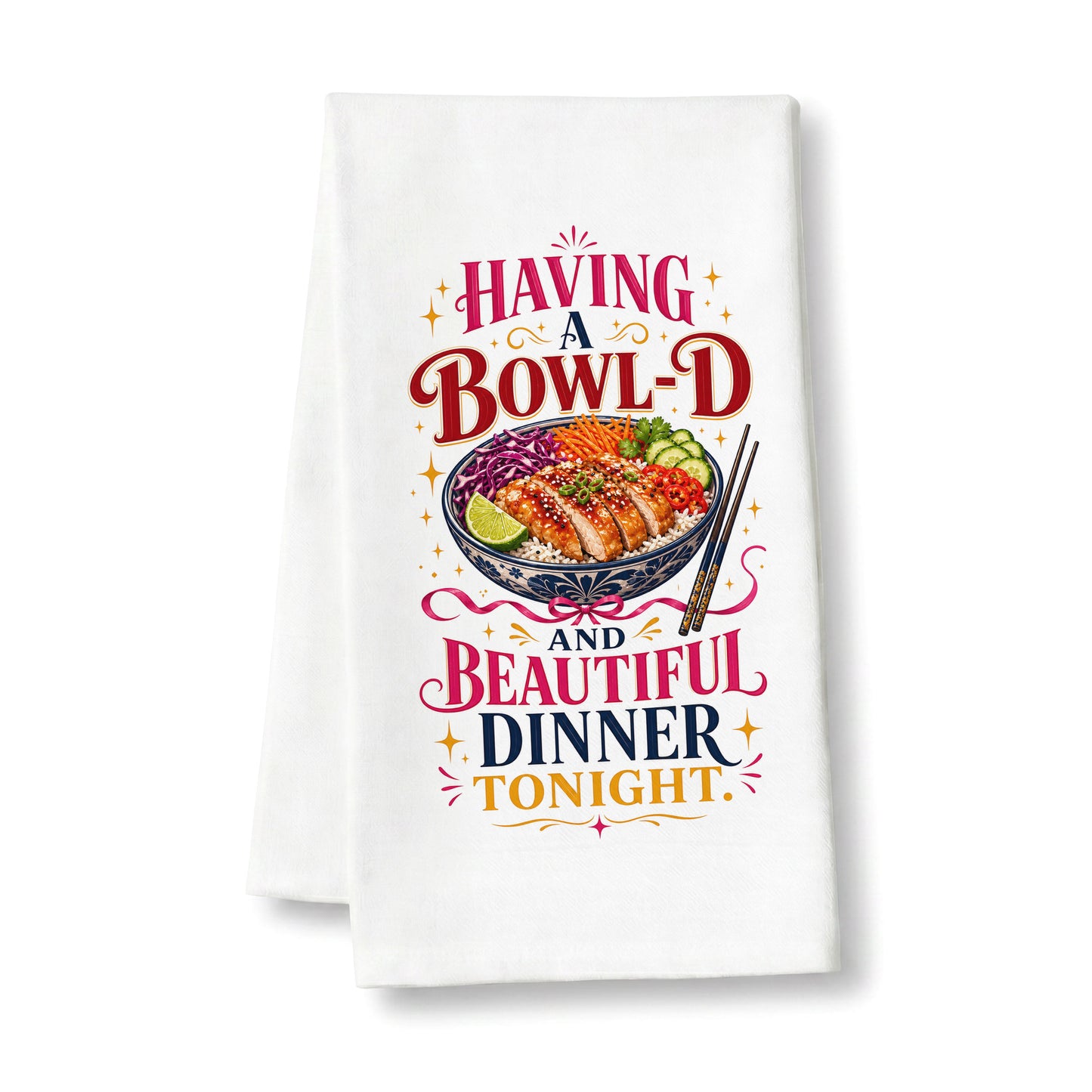 White organic cotton kitchen towel printed with the complete Bowl-d and Beautiful chicken rice dinner pun design on a clean background.