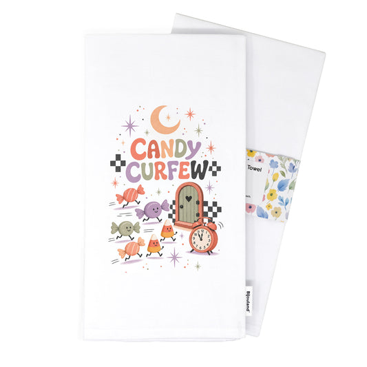 Folded Candy Curfew Retro Halloween Kitchen Towel presented with its paper belly band and woven label.