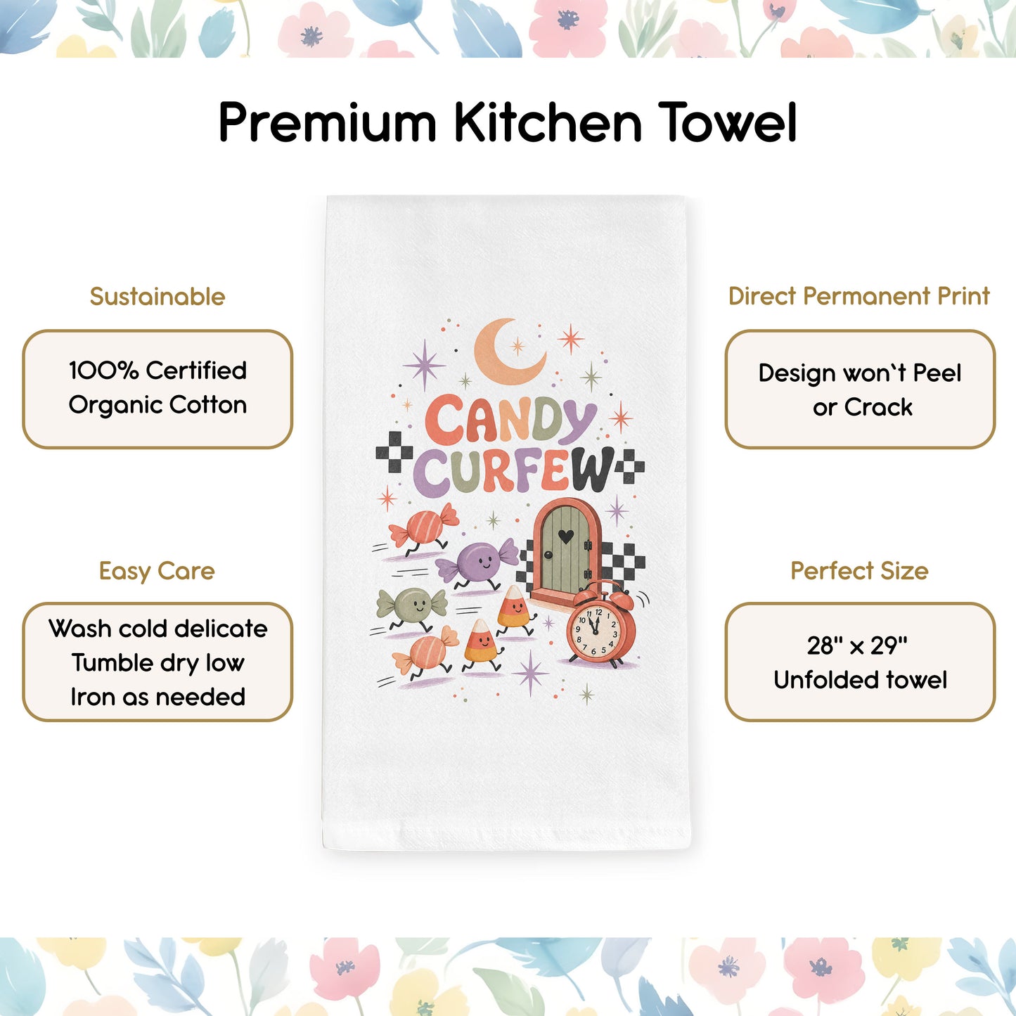 Product benefits graphic for the Candy Curfew Retro Halloween Kitchen Towel highlighting organic cotton, hemmed edges, and a hanging loop.