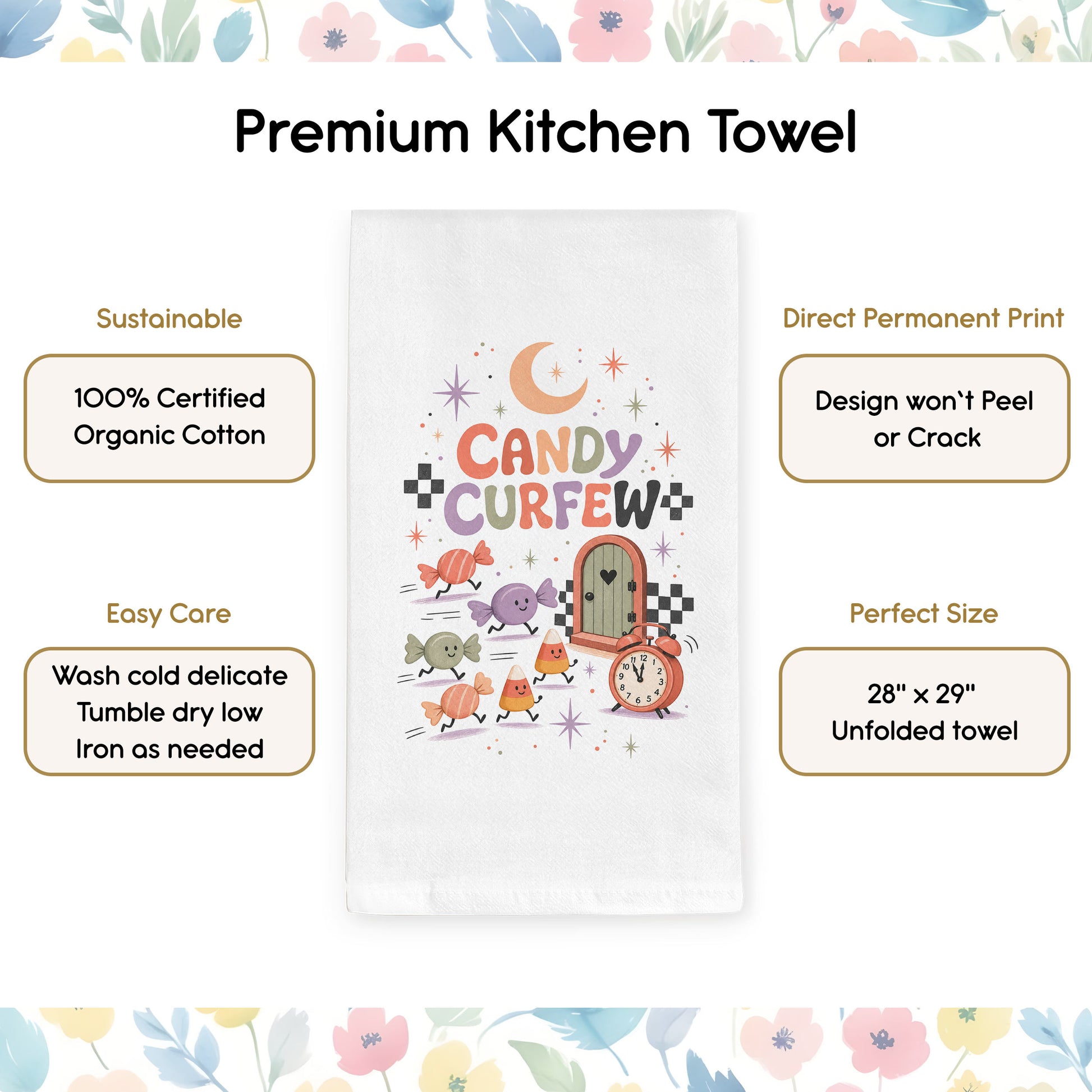 Product benefits graphic for the Candy Curfew Retro Halloween Kitchen Towel highlighting organic cotton, hemmed edges, and a hanging loop.
