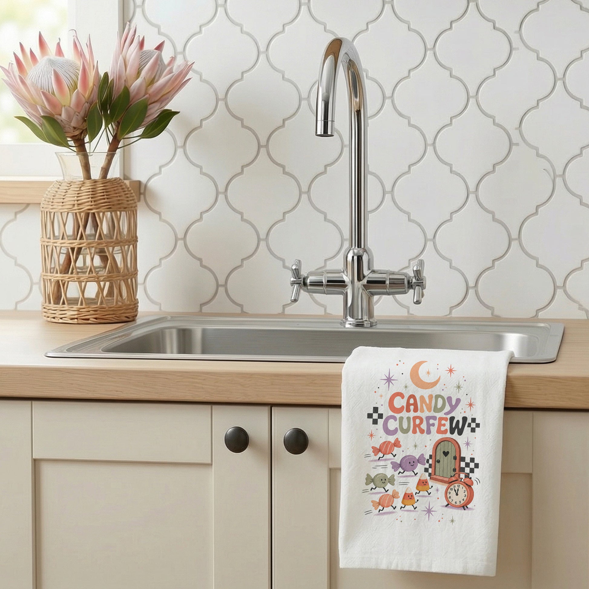 Candy Curfew Retro Halloween Kitchen Towel styled beside a bright kitchen sink, with cheerful pastel candies, candy corn, small door, clock, moon, and checkerboard accents shown.