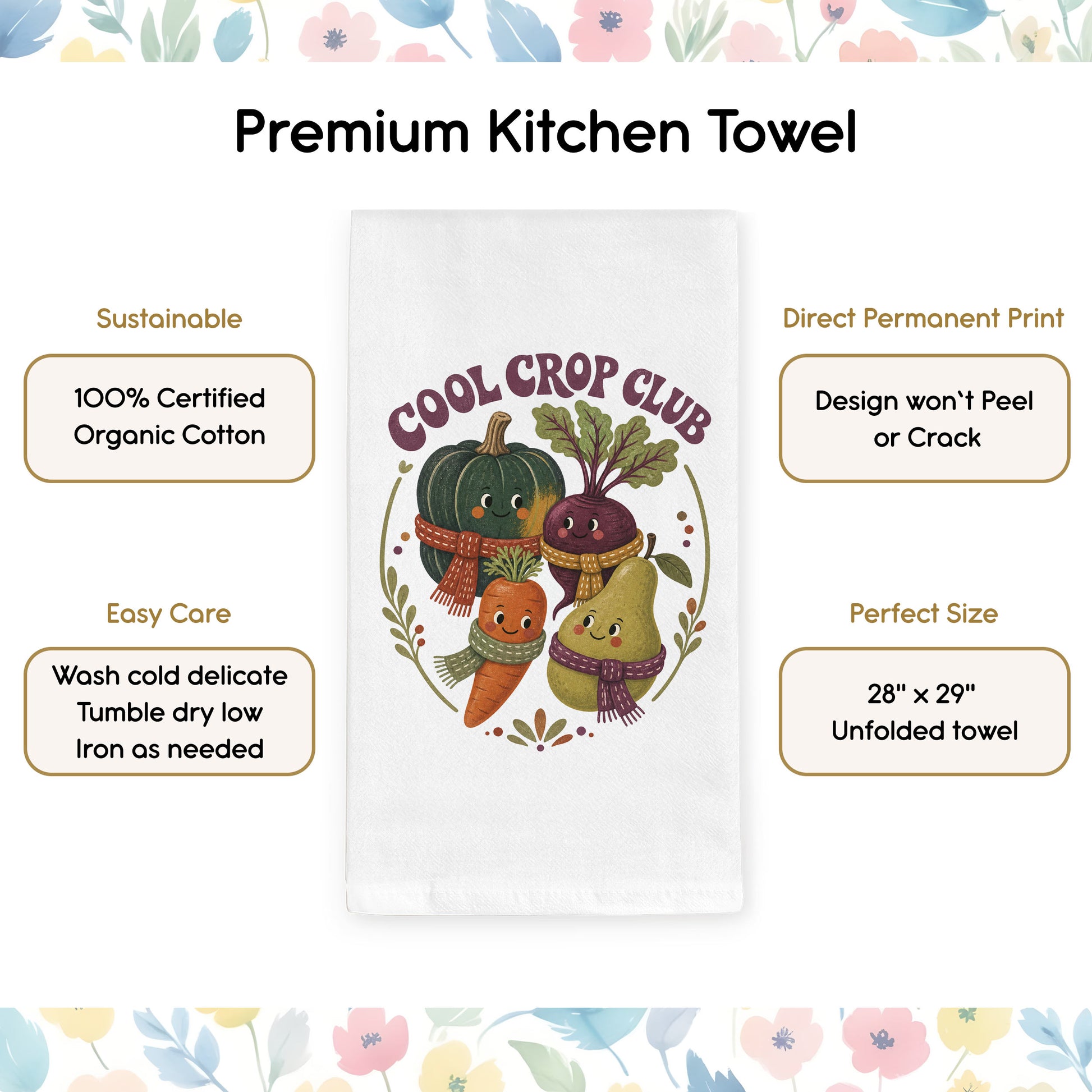 Product benefits graphic for the Cool Crop Club Harvest Tea Towel highlighting organic cotton, hemmed edges, and a hanging loop.