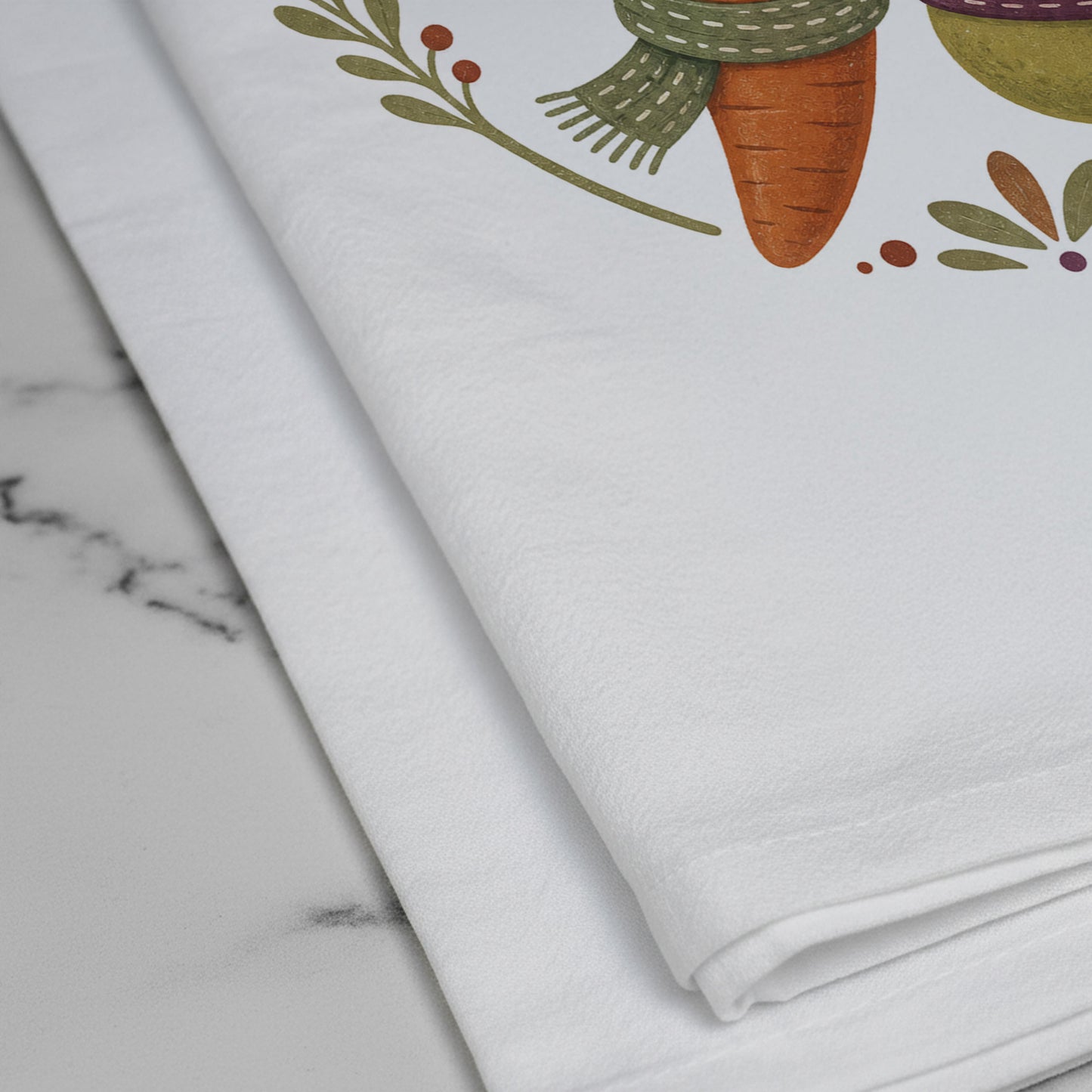 Close-up of the Cool Crop Club Harvest Tea Towel print showing smiling squash, beet, carrot, and pear characters wearing scarves on white flour sack organic cotton.