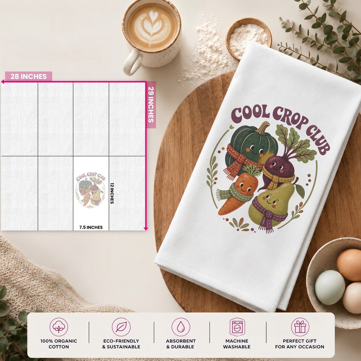 Cool Crop Club Harvest Tea Towel size guide showing the 28 by 29 inch towel and 12 by 7.5 inch printed display area.