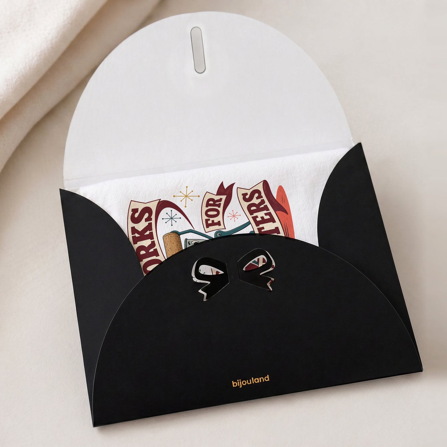 Corks Are for Quitters tea towel presented inside the optional Bijouland gift envelope.