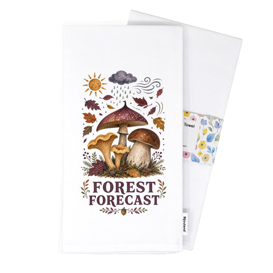 Folded Forest Forecast Mushroom Tea Towel presented with its paper belly band and woven label.