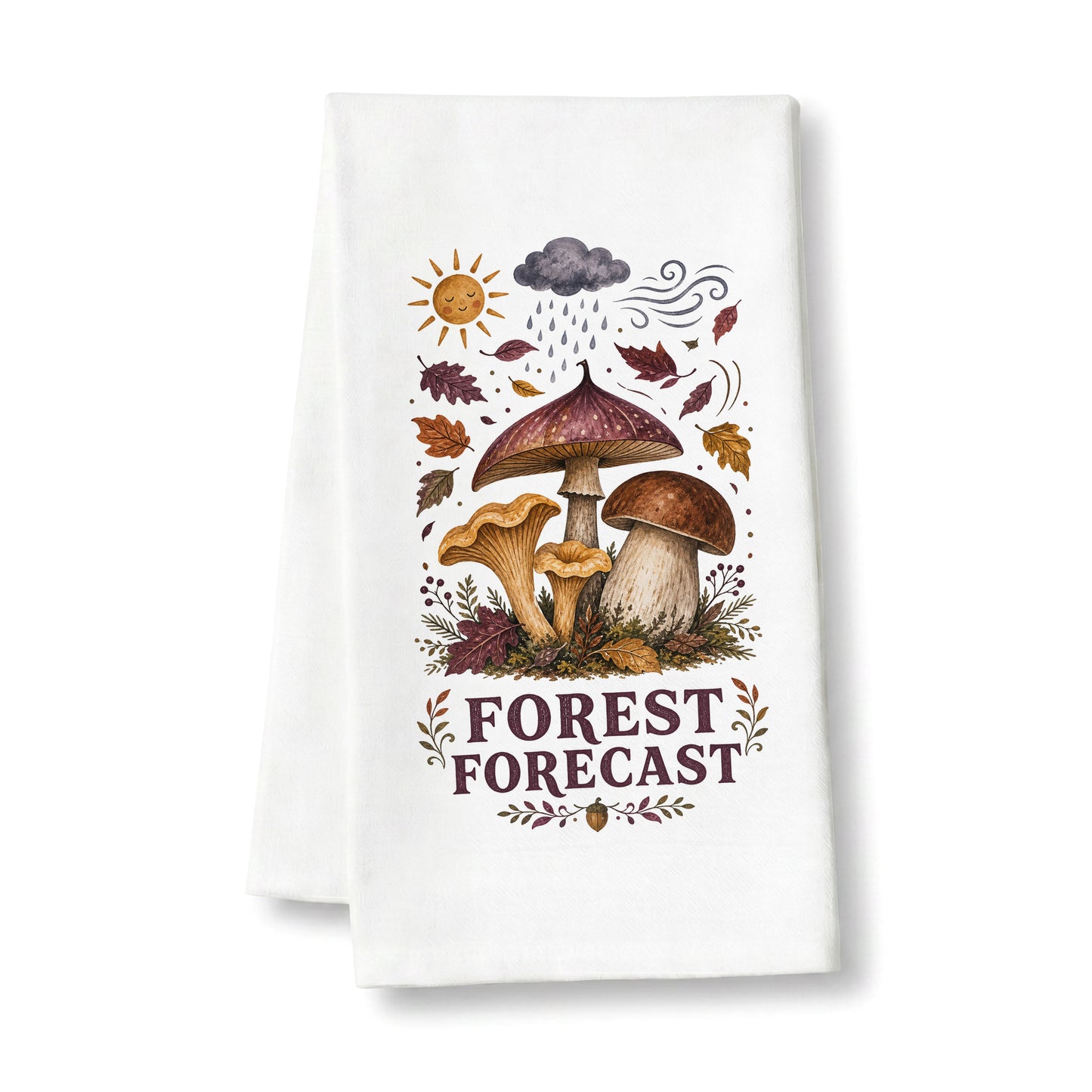 Forest Forecast Mushroom Tea Towel folded on a clean white background, showing woodland mushrooms, autumn leaves, sun, rain cloud, wind, and burgundy lettering.