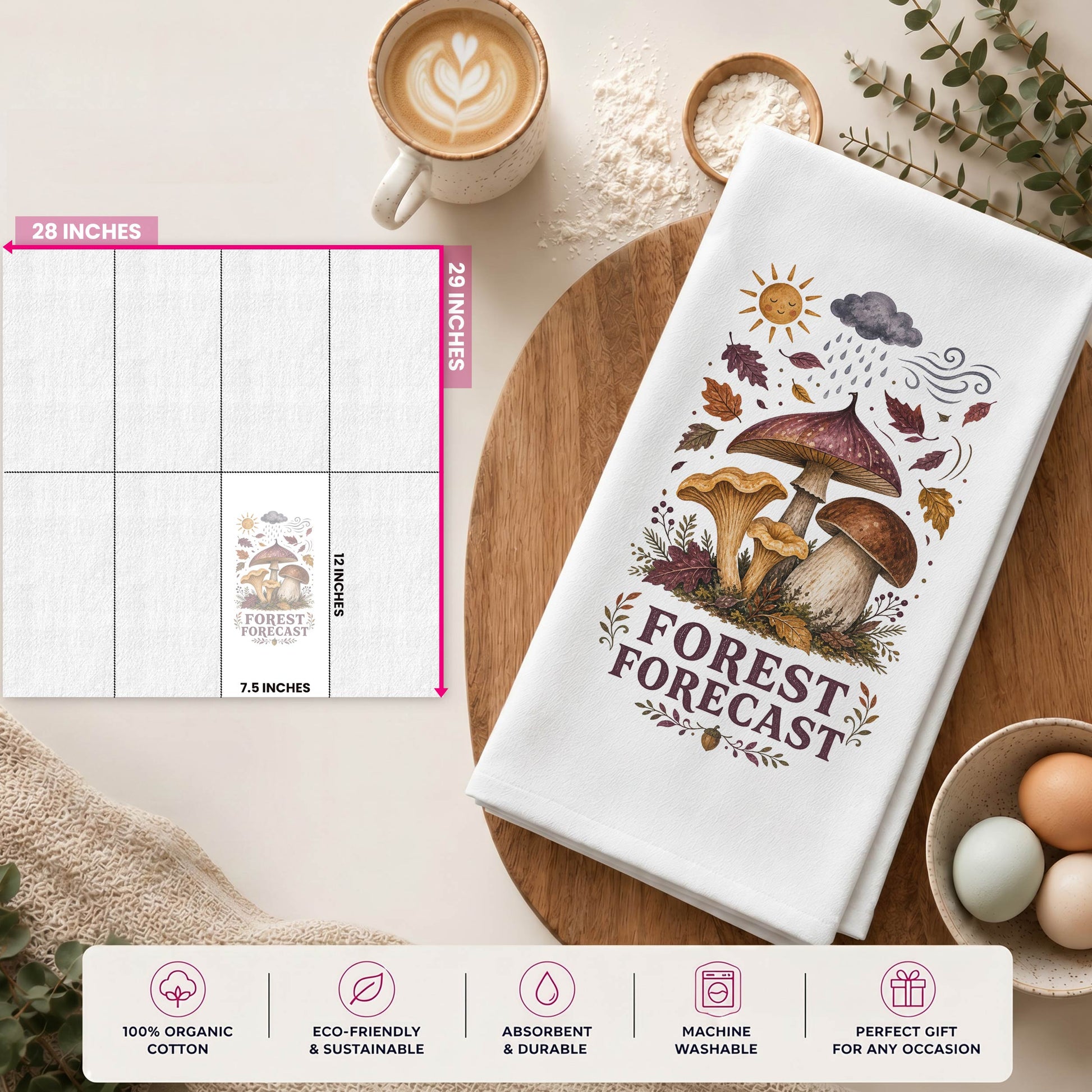 Forest Forecast Mushroom Tea Towel size guide showing the 28 by 29 inch towel and 12 by 7.5 inch printed display area.