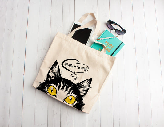 Cat Cute Cotton Canvas Tote Bag, - What's in the Bag Funny and Cute Cat Lover Reusable Shopping Tote Bag