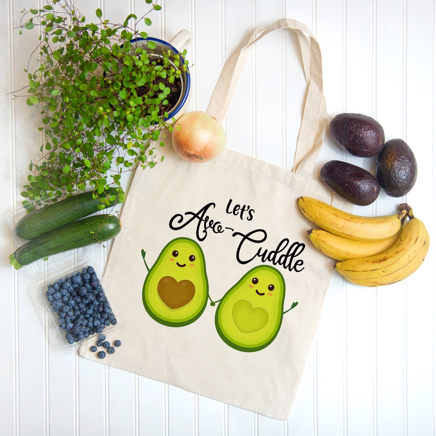 Reusable Grocery Bag Let's Avo Cuddle - Avocado Print Grocery Bag - Eco Friendly Cotton Tote bag Market Tote Bag, Food Pun, Funny Gift