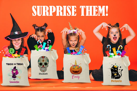 Personalized Halloween Tote Bag, Custom Trick or Treat Bags, Halloween Candy Bags, Custom Name Bags for Kids and Adults