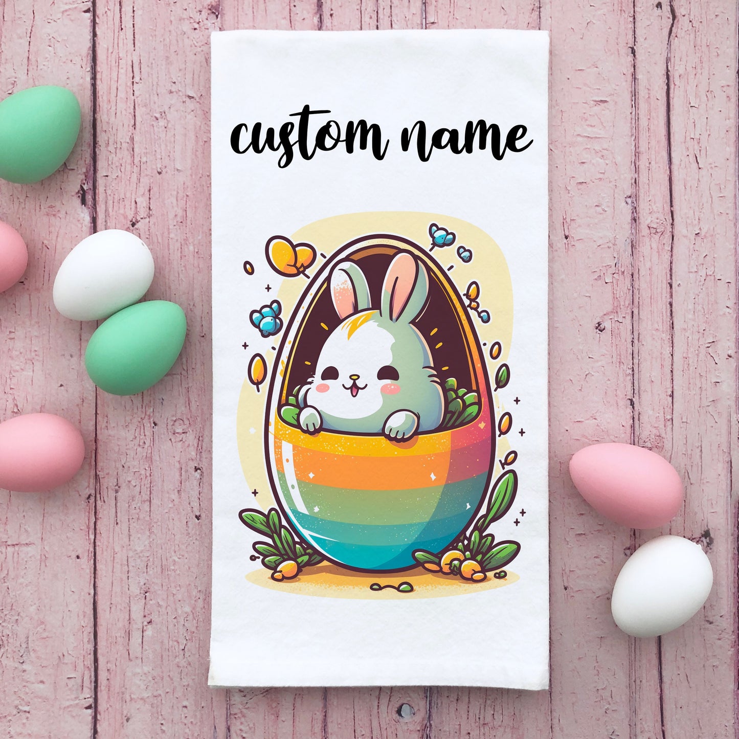 Personalized Easter Bunny Egg Kitchen Flour Sack Towel, Easter Kitchen Decor, Custom Easter Bunny Kitchen Towel, Customized Easter Gift