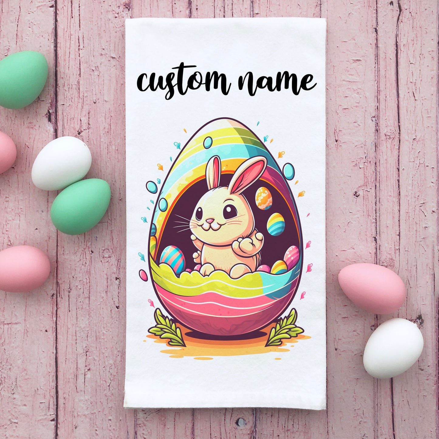 Personalized Easter Bunny Egg Kitchen Flour Sack Towel, Easter Kitchen Decor, Custom Easter Bunny Kitchen Towel, Customized Easter Gift
