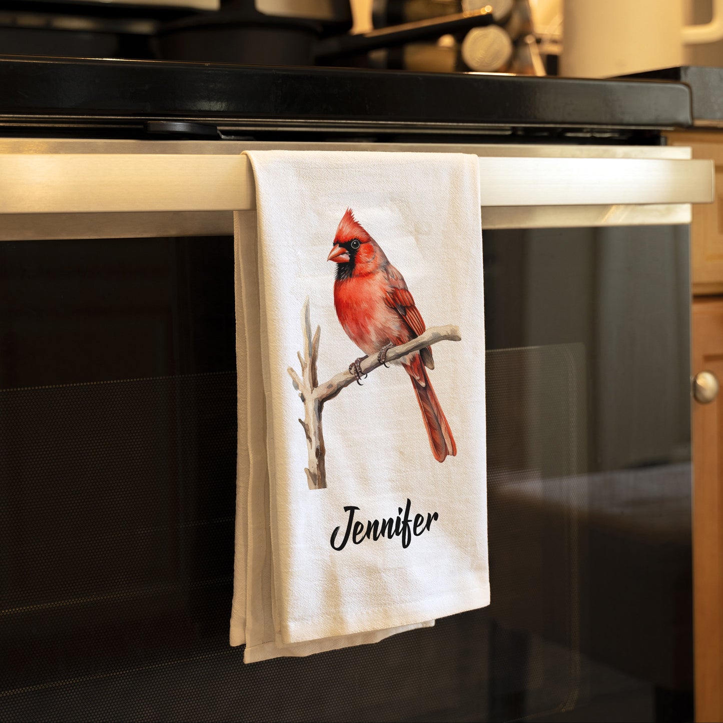 Personalized Cardinal Kitchen Towel - Red Bird Dish Towel - Spring Easter Tea Towel - Flour Sack Cotton