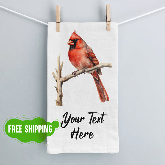 Personalized Cardinal Kitchen Towel - Red Bird Dish Towel - Spring Easter Tea Towel - Flour Sack Cotton