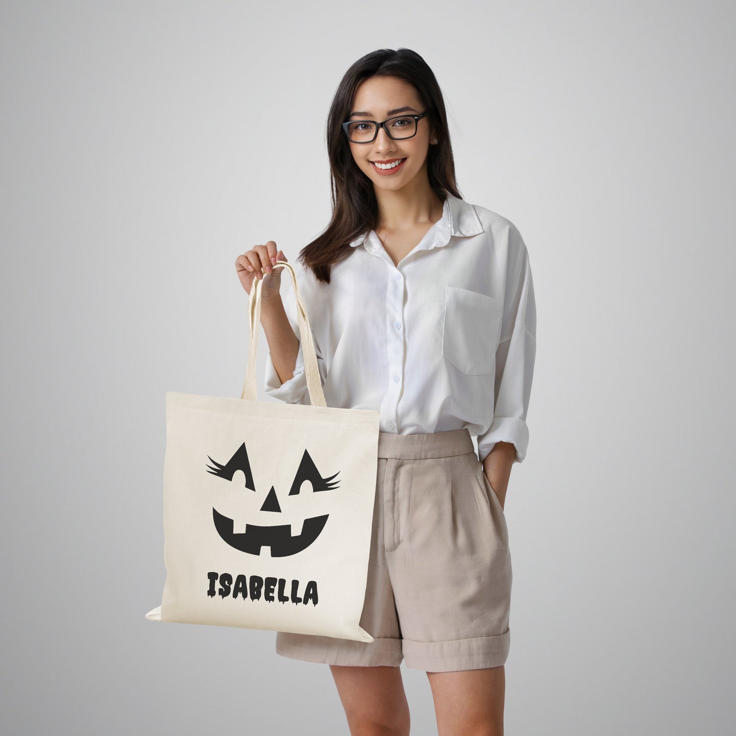 Personalized Jack O Lantern Pumpkin Face Halloween Tote Bag, Personalized Trick or Treat Bag, Halloween Kids Candy Bag with Name