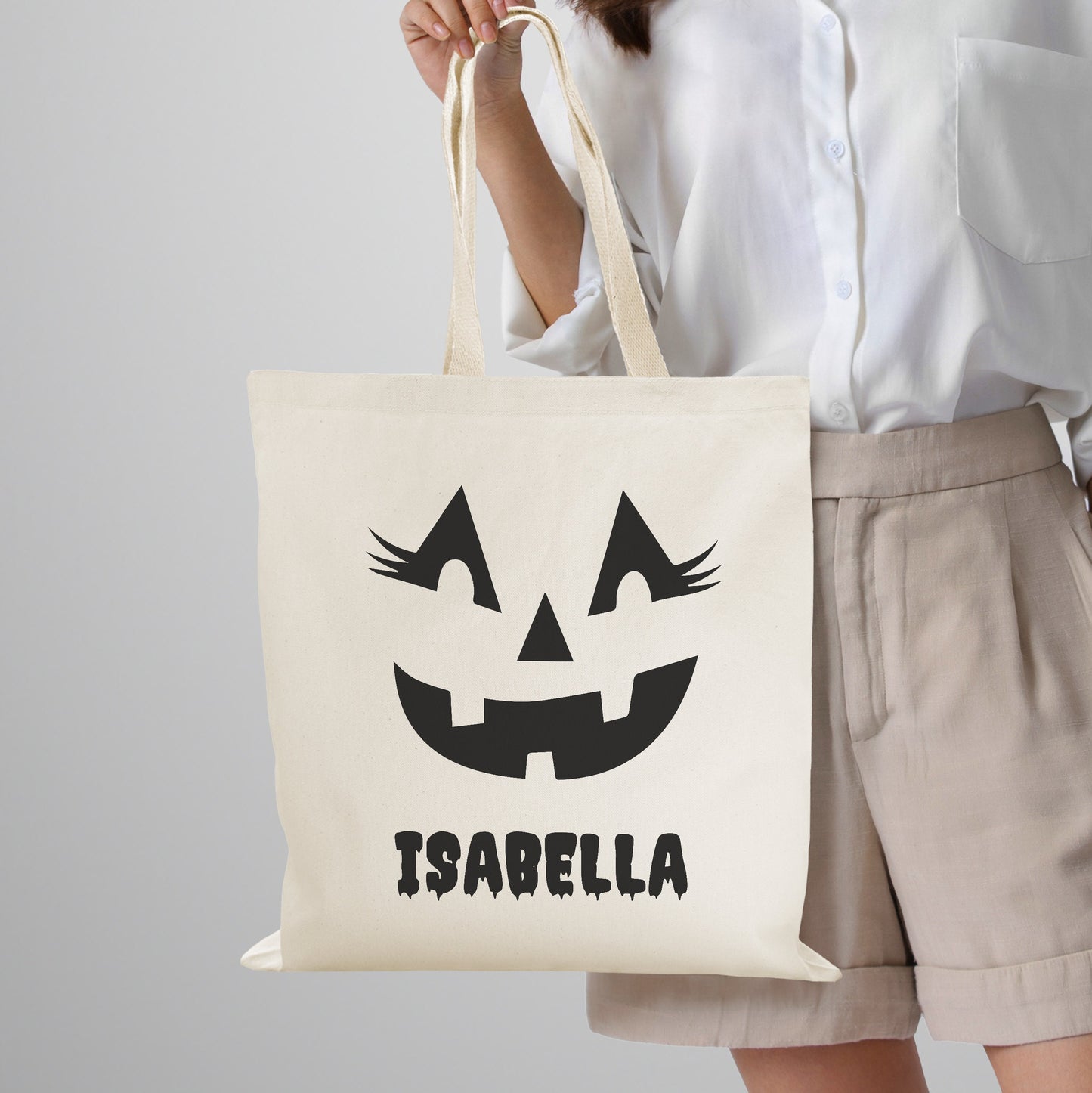 Personalized Jack O Lantern Pumpkin Face Halloween Tote Bag, Personalized Trick or Treat Bag, Halloween Kids Candy Bag with Name