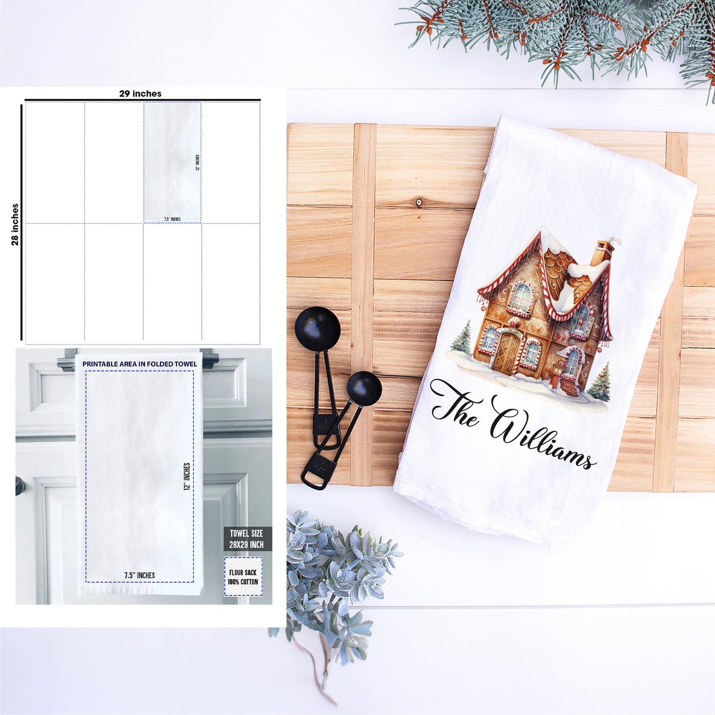 Personalized Gingerbread House Christmas Tree, Christmas Kitchen Tea Towel, Personalized Family Christmas Gift, Family Customized Gift