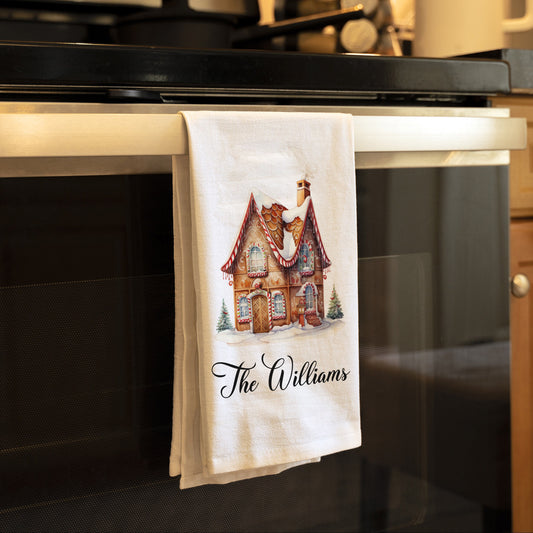Personalized Family Name Gingerbread House - Holiday Christmas Kitchen Tea Towel